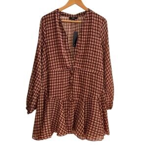 Lulus Plaid Long Sleeve Tiered Mini Dress Brown Check V-Neck L Fall Casual Boho